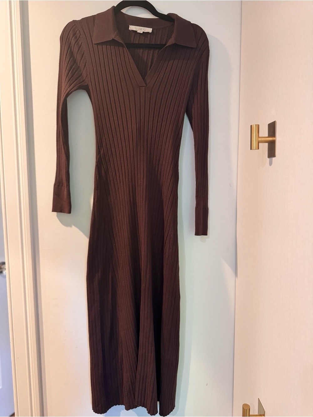 LOFT Brown Ribbed Polo V-Neck Maxi Dress